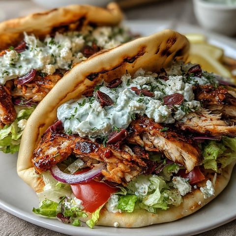 Close-up of Mediterranean Chicken Gyros with Creamy Feta Tzatziki featuring charred marinated chicken, fresh lettuce, diced tomatoes, and Kalamata olives on warm pita bread.