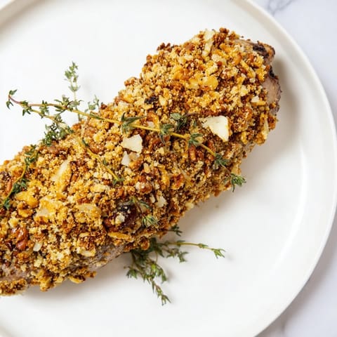Sizzling Thyme and Pecan Crusted Pork Tenderloin, encrusted with herbs, ready to serve with sides.