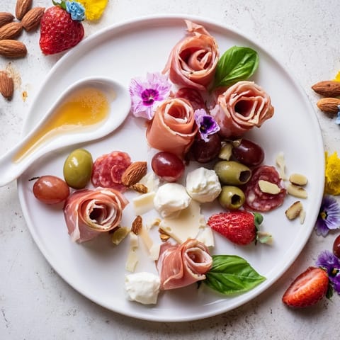 A vibrant Prosciutto Rose Bouquet Board with glistening grapes and colorful fresh berries, perfect for sharing.