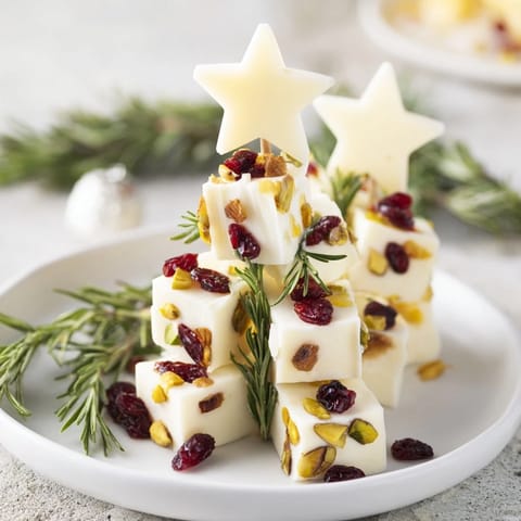 Creamy white cheddar cubes artfully arranged into a Christmas tree shape, dotted with cranberries.