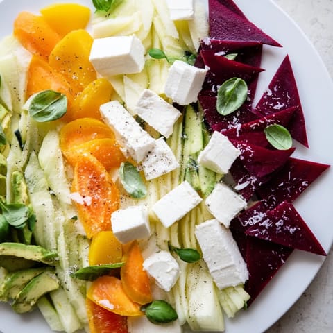 Vibrant Cubist Deconstruction, showcasing a close-up of colorful avocado, beet, and mango alongside feta.