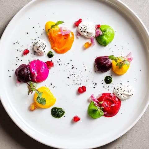 Artful Pointillism Dot Matrix appetizer featuring dots of red beet, pesto sauce, and microgreens for serving.