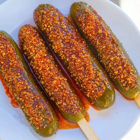 Crisp dill pickles transformed into stunning Chamoy-Tajín pickle sticks, dusted with vibrant seasoning.