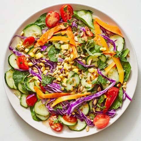 Fresh Rainbow Salad overflowing with crisp vegetables, finished with a creamy, delicious tahini.