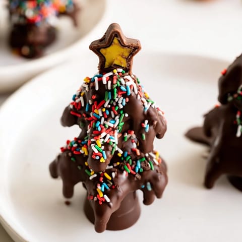 Melted chocolate drizzled over festive Chocolate Kinder Christmas Trees, ready for a delicious holiday treat.