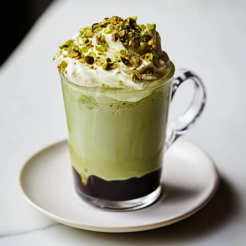 A close-up of a creamy homemade pistachio latte, perfect for a cozy afternoon treat.