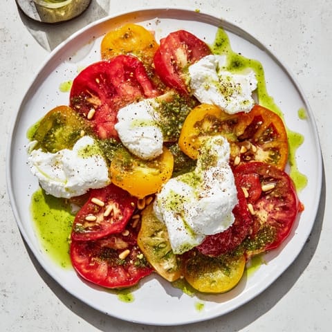 Heirloom Tomato Salad Board with juicy tomato varieties, soft cheese, and fresh basil, ready to serve at a summer gathering.