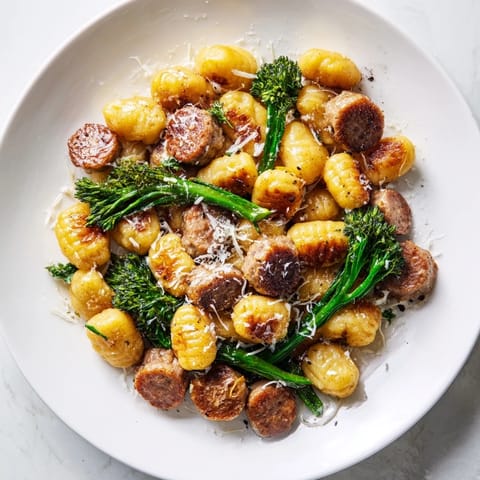 Golden-brown, crispy sheet pan gnocchi bake with savory sausage and tender broccolini, topped with melted Parmesan and fresh basil.