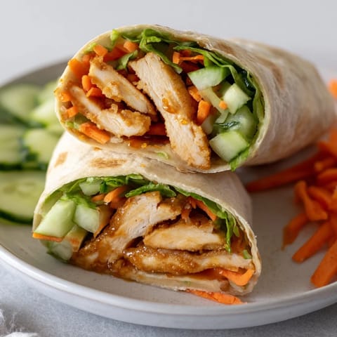 A sliced Honey Chili Crunch Chicken Wrap reveals layers of colorful vegetables and a glossy, sweet–spicy sauce.