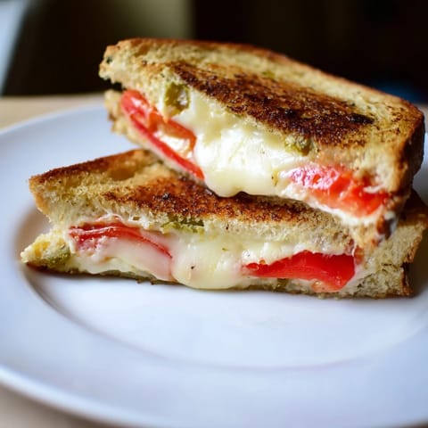 Freshly made Pepper Jack & Tomato Grilled Cheese on a rustic plate, featuring jalapeño bread and vibrant red tomato slices.