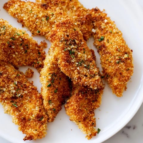Freshly baked Crispy Panko Chicken Strips rest on a platter, their crunchy texture ready for a casual family dinner.  