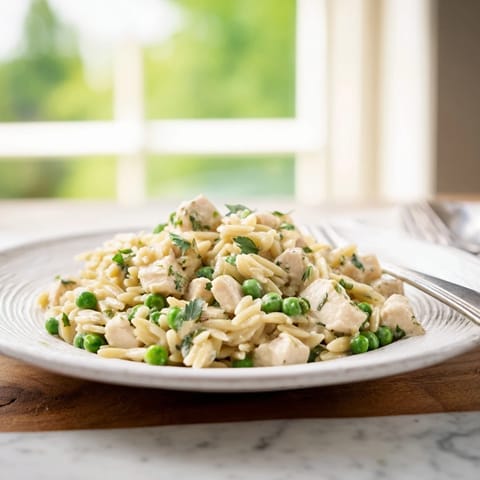 A close-up of Lemon Herb Chicken Orzo Skillet garnished with parsley and dill, served warm in the skillet.