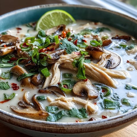 Best Ever Tom Kha Gai Soup served hot with lime wedges and sliced red chilies on the side.