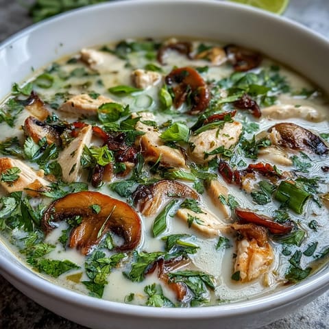 Steaming Authentic Tom Kha Gai soup in a rustic bowl, showcasing tender chicken and sliced mushrooms in creamy coconut broth.