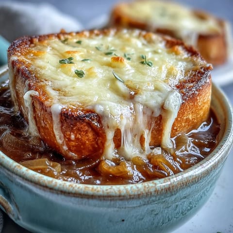 Golden-brown bubbly Gruyère topping on a rich French Onion Soup served with crusty bread.