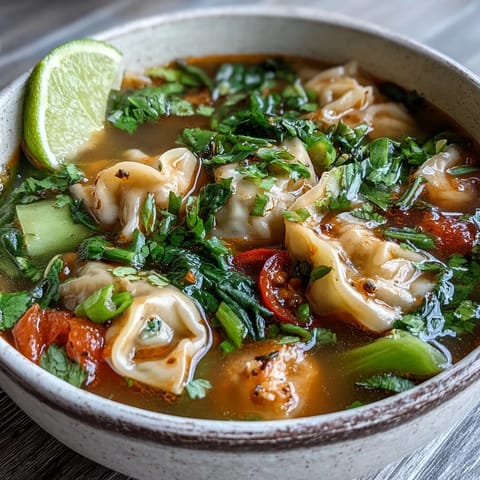 Bright red chili oil drizzled over Tom Yum Wonton Soup with fresh lime wedges and cilantro on the side.
