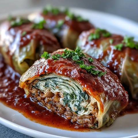 Close-up of a cut Baked Vegan Cabbage Roll revealing the hearty lentil, brown rice, and vegetable filling on a white plate.