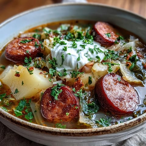 Sliced smoked sausage rounds, diced potatoes and tender green cabbage in a rich broth.