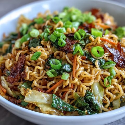 Steaming Fried Cabbage Ramen served in a bowl, garnished with fresh scallions and sesame seeds for a savory weeknight meal.
