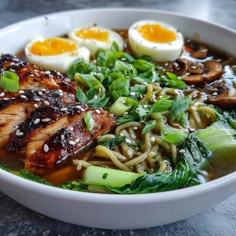 Close-up photo of Healthy Miso Chicken Noodle Bowls with crisp bok choy, shiitake mushrooms, and carrots in savory miso broth, garnished with scallions and nori strips.