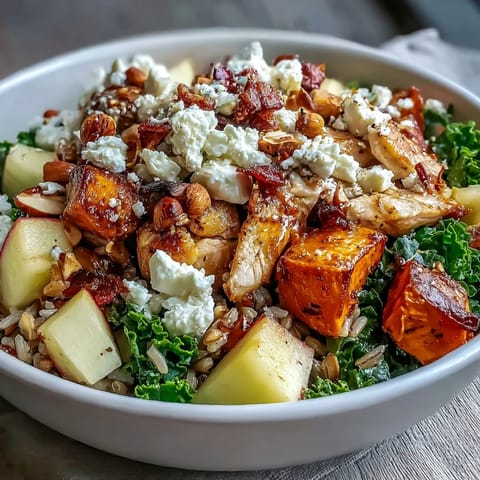 Colorful Harvest Bowl featuring roasted sweet potatoes, toasted almonds, and drizzled tangy balsamic dressing for a seasonal lunch.
