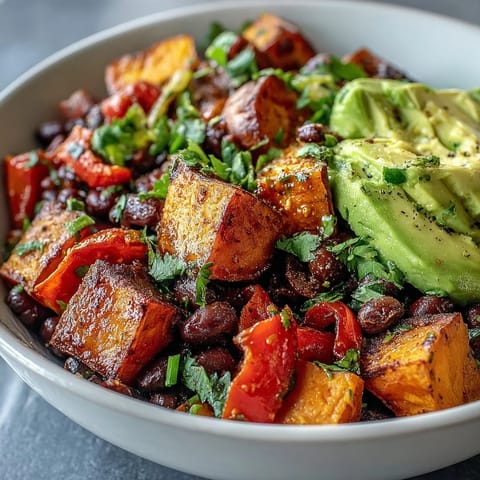 Roasted sweet potatoes and hearty black beans topped with fresh salsa, sliced avocado, and a zesty lime dressing in a vibrant bowl.