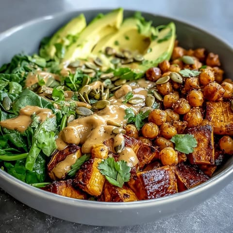 Roasted Sweet Potato and Chickpea Bowl drizzled with smoky chipotle tahini dressing, garnished with fresh cilantro.