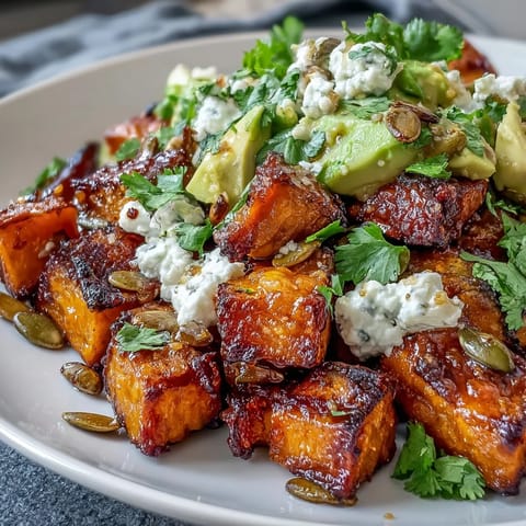 Golden roasted sweet potato cubes with crispy edges, creamy avocado slices, and a drizzle of hot honey, served in a bowl with cottage cheese.