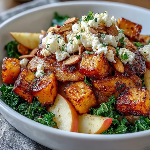 Fall Sweet Potato Harvest Bowl topped with creamy goat cheese and fresh kale, drizzled with tangy balsamic vinaigrette.