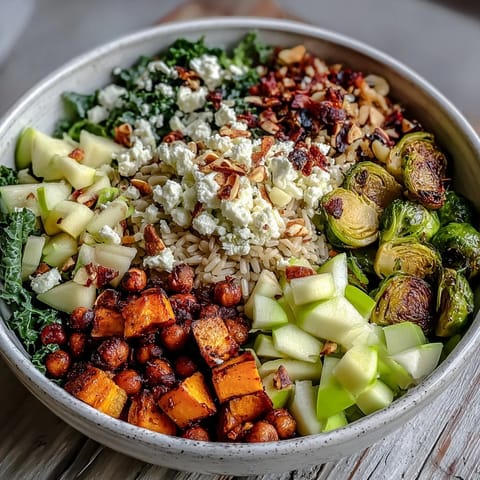 Overhead view of a vibrant Fall Harvest Bowl featuring kale, wild rice, and roasted sweet potatoes topped with feta.