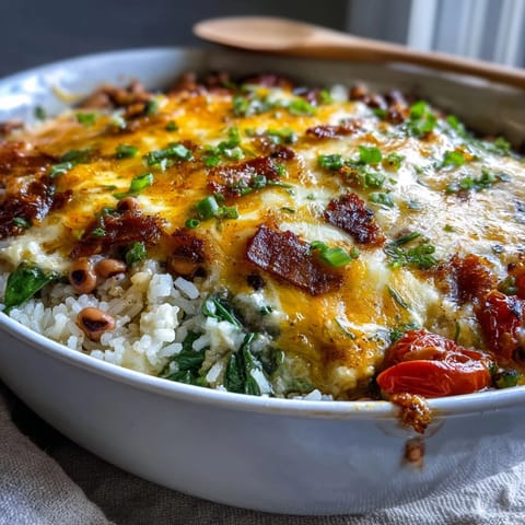 Bubbling Tex Mex Black Eyed Pea Casserole topped with golden cheese, spinach, and Rotel tomatoes ready for a family dinner.