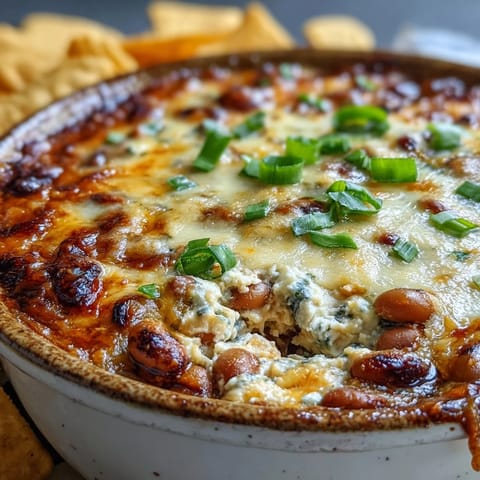 A baked bowl of cheesy Black-Eyed Pea Dip, bubbling and golden brown, topped with fresh green onions and red bell peppers.