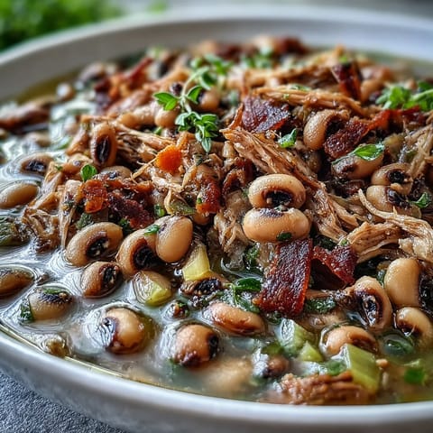 Freshly cooked Black-Eyed Peas With Smoked Turkey simmering in a rustic pot, garnished with chopped parsley and a slice of cornbread on the side.