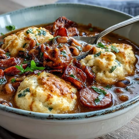 Steamy spoonfuls of Black-Eyed Peas and Sausage Dumplings are served in a rustic bowl, showcasing fluffy cornmeal dumplings over hearty Southern stew.