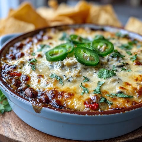 Spicy Hot Black-Eyed Pea Dip with Jalapeño and Cumin bubbling from the oven, golden crust, ready for a game day snack.