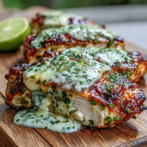 Thick slices of juicy grilled salsa verde pepper Jack chicken served with lime wedges on a rustic platter.