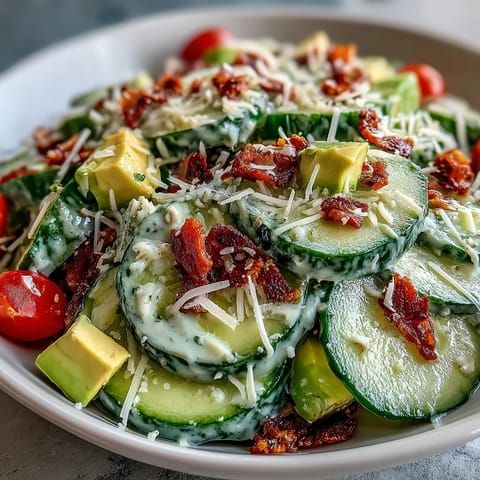 Fresh cucumber Caesar salad topped with optional avocado, cherry tomatoes, and crisp bacon crumbles served in a white bowl. 