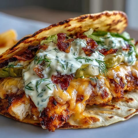 Smashed ranch chicken tacos with crispy cheese lace, dill pickles, and shredded lettuce served warm with a drizzle of zesty sauce.