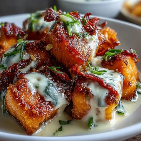 Savory Bang Bang Salmon Bites are served in crisp lettuce wraps, garnished with fresh green onions.