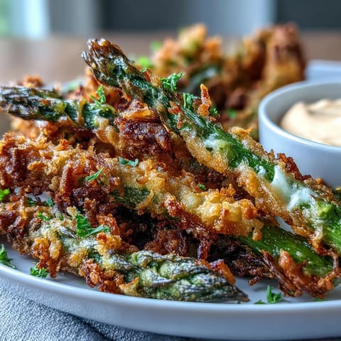 Tender asparagus spears coated in crunchy Asian-inspired breading, served alongside creamy dip with lemon.