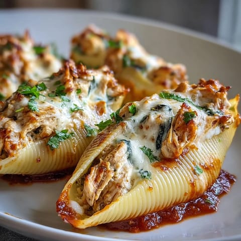 A close view of Pesto Chicken Stuffed Shells Lite revealing a creamy Greek yogurt pesto chicken filling inside tender pasta.