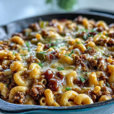 Crumbled ground beef and macaroni swirl in a rich, tomato-mustard sauce in this skillet meal.