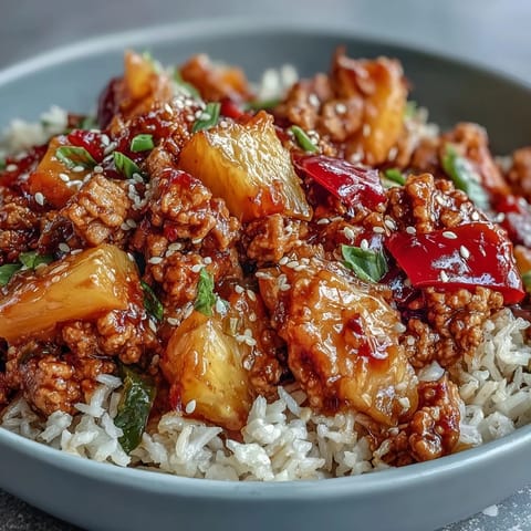 Garnished with scallions and sesame seeds, this Sweet-and-Sour Turkey Rice Skillet is ready to serve.