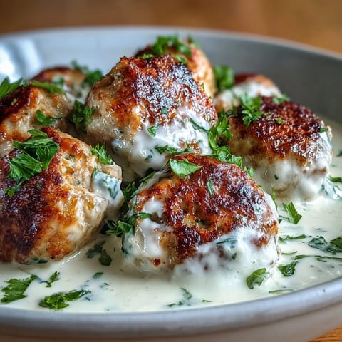Tender Creamy Garlic Ranch Turkey Meatballs coated in creamy sauce, garnished with fresh parsley on a rustic plate.