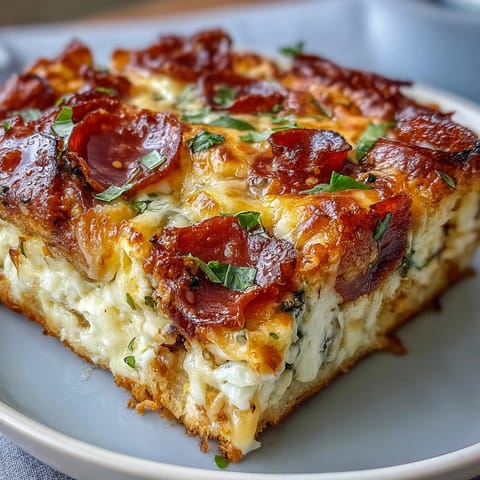 Freshly baked High-Protein Pizza Breakfast Casserole on a wooden board, featuring golden bubbly cheese, turkey pepperoni, and fresh basil garnish.
