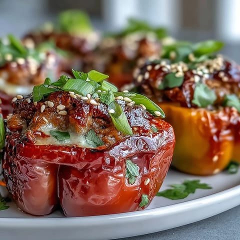Korean-Style Turkey Stuffed Sweet Peppers with melted mozzarella, garnished with sesame seeds and fresh cilantro on a baking sheet.