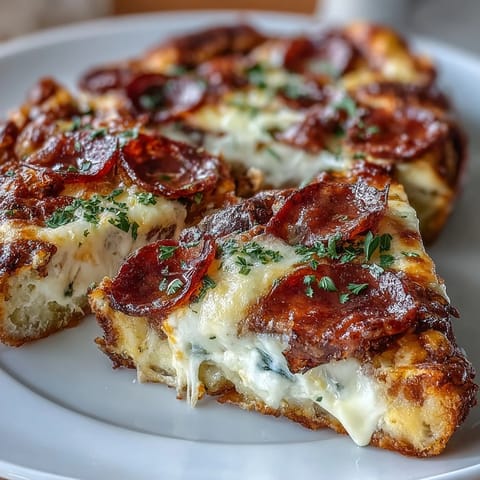 Freshly baked High-Protein Pizza Breakfast Casserole with golden bubbly cheese and turkey pepperoni slices on a wooden board.