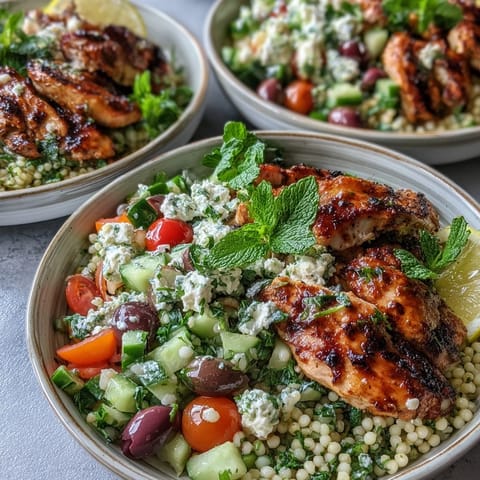 A close-up of golden chicken pieces atop a vibrant salad of pearl couscous, tomatoes, and herbs, served in a bowl.