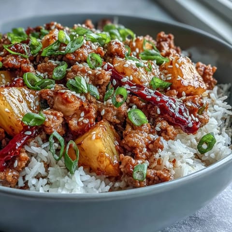 Sweet-and-Sour Turkey Rice Skillet is served steaming hot with fluffy rice and a garnish of fresh green onions.