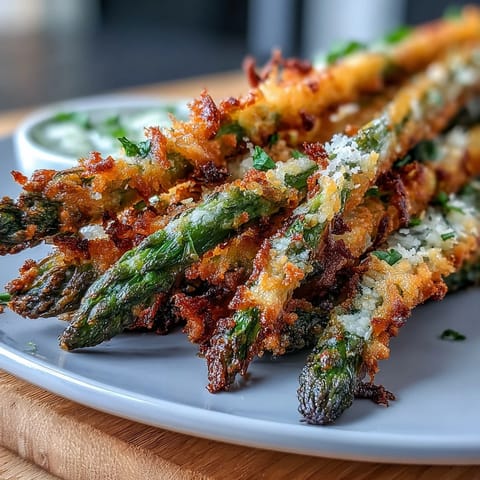 Spicy Panko-crusted Crispy Chili-Garlic Asparagus Fries on a platter, ready to be served hot.